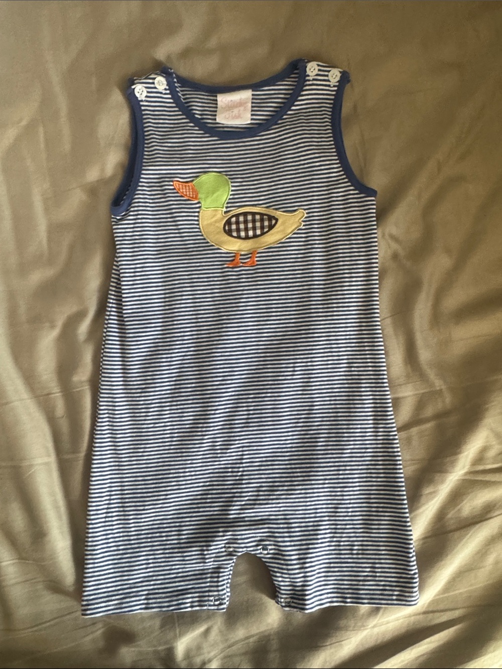 Striped Blue Baby Romper with Duck Applique